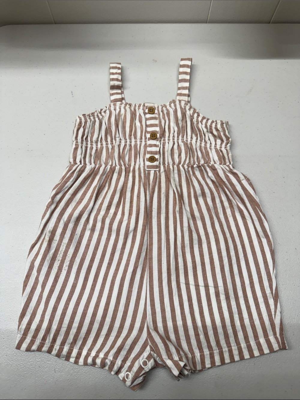 *5/$25 or 3/$15* Sad Beige Striped Cotton Romper